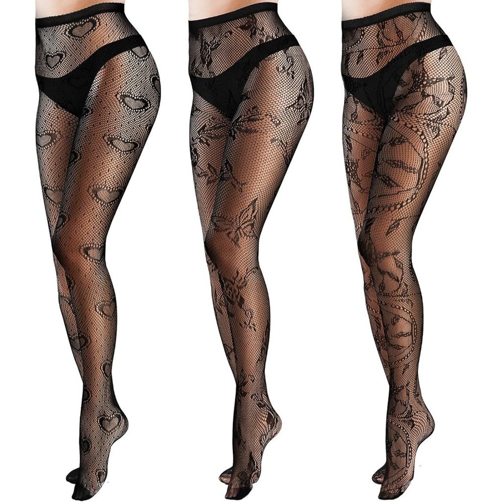 3 Pairs High Waist Fishnet Patterned Tights Fishnet Opaque Pantyhose for Women